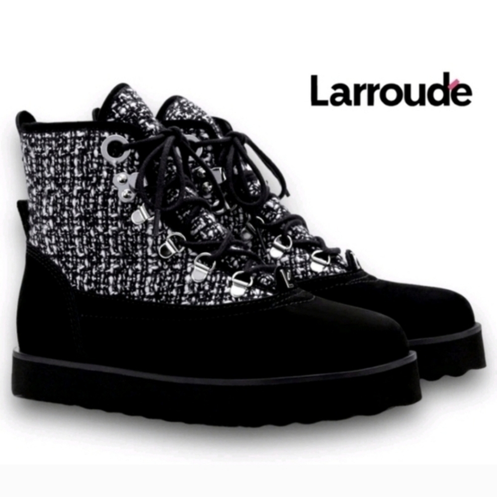 LARROUDE Vail Flat Lace up Boots Size 6.5 Black Suede Tweed NWOB NEW $415